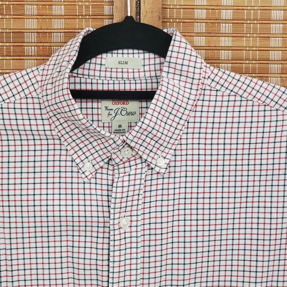 ♧ J Crew All Cotton Oxford Slim Plaid Buttoned Shirt Size Medium White Blue Red